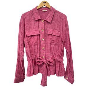 Mystree Shirt Size Large Belted Button Front Long Sleeve Tie Waist Utility Pink